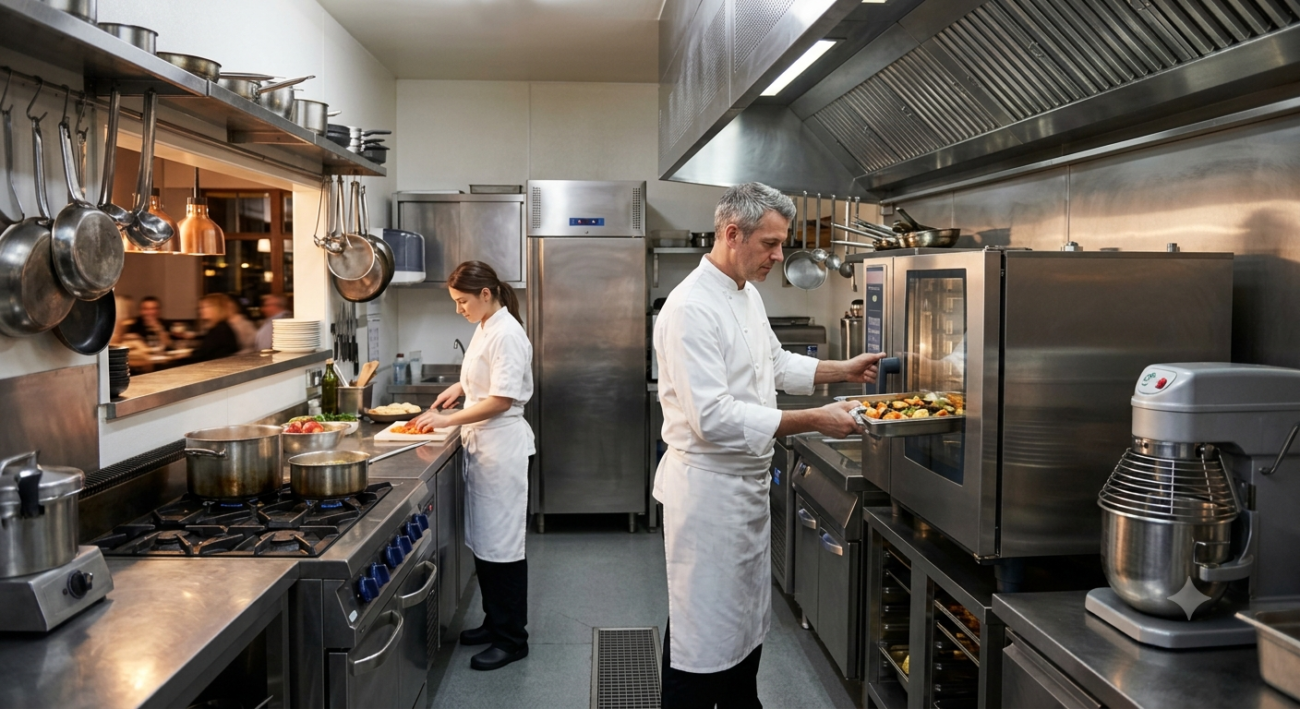 Professional chefs working in a busy, well-equipped commercial kitchen with stainless steel appliances